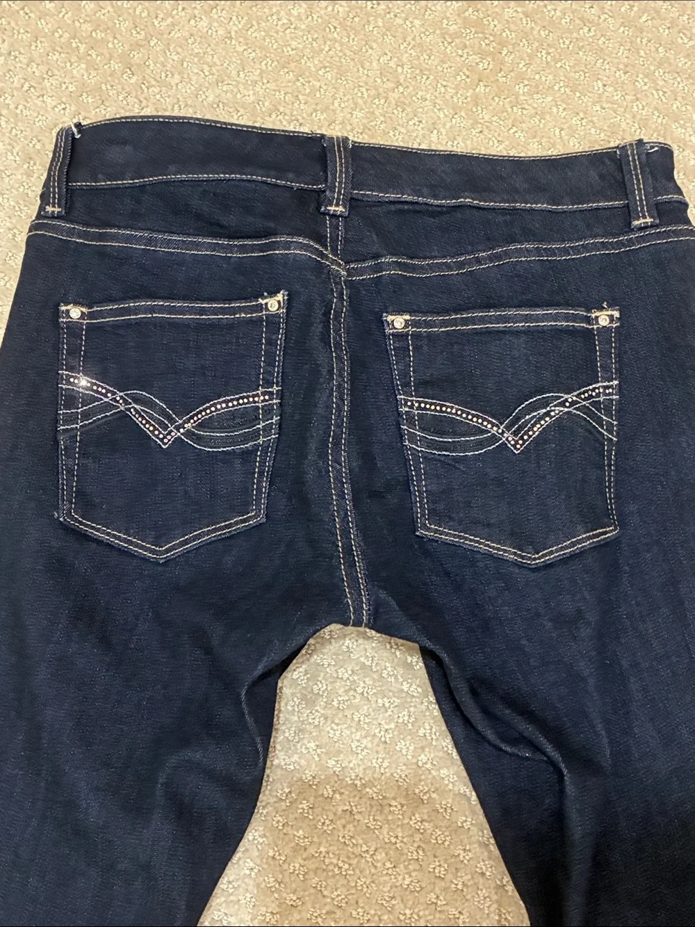 WHBM slim leg, rhinestone pocket jeans